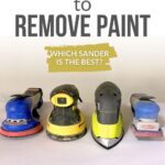 Sharpened detail of four different yellow, gray, and blue orbital sander power tools on a white surface.
