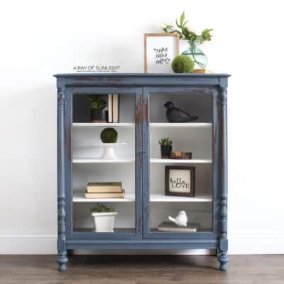 blue and white painted display cabinet