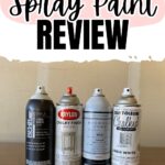 Four cans of different chalk spray paints are lined up on a table with Chalk Spray Paint Review text above.
