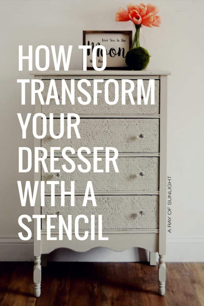 how to transform your dresser with a stencil with embossed furniture in the background