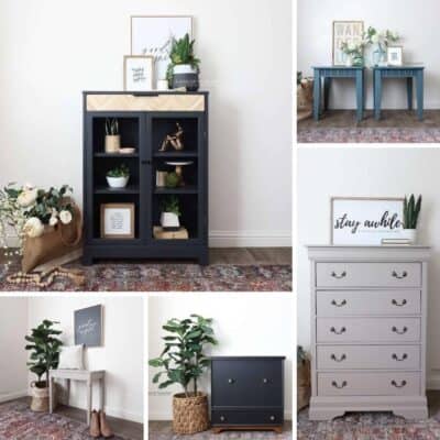 collage of furniture makeovers using heirloom traditions paint