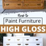 Before and after of a dresser, transformed from wood finish to sleek white high-gloss paint.