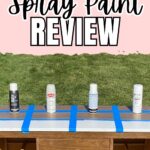 A wooden desk outdoors with blue tape, four spray paint cans, and text: Chalk Spray Paint Review.