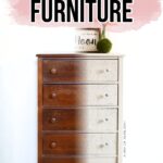 A dresser half refinished with embossed white patterns; before is brown wood, after is embossed and painted white.