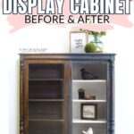 Half-painted display cabinet with dark wood on the left and blue paint on the right, styled with decor items.