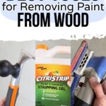 Three tools for removing paint from wood: a scraper, a stripping gel, and an electric sander, side by side.