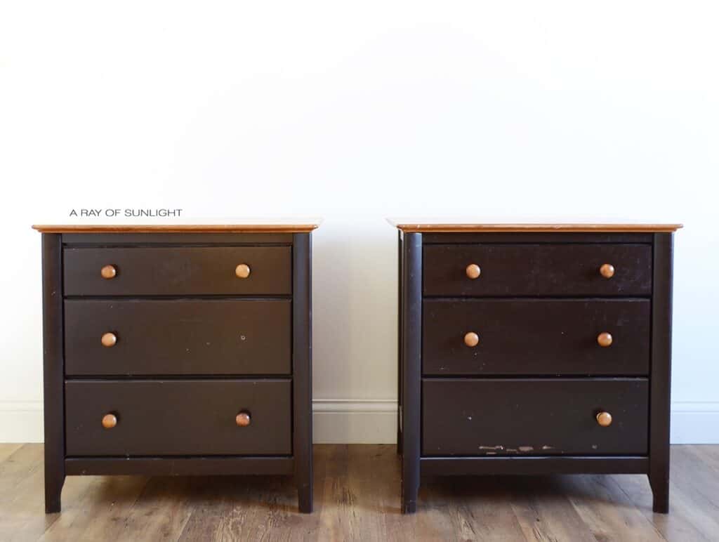 2 modern nightstands with 3 drawers in brown paint