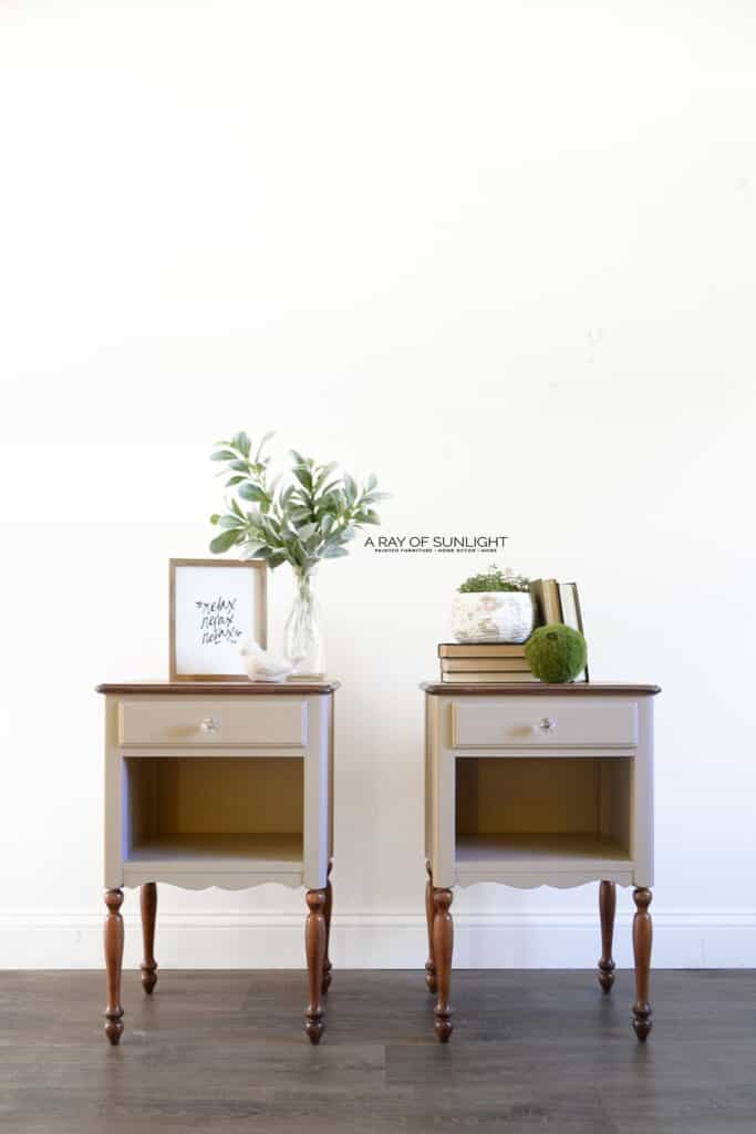 The Light Grey Farmhouse Nightstands with stained tops and legs
