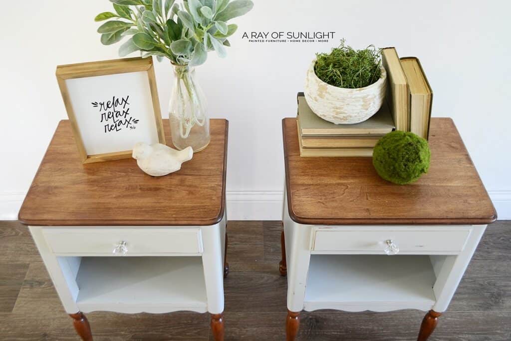 Light grey vintage nightstands makeover with wood stained tops and legs