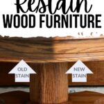 Wood table with a split showing old stain on one side and new stain on the other, with labels and text above.