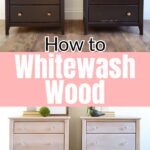 Two dark wood dressers before and two light, whitewashed dressers after a DIY makeover.