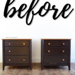 Two small dark wood dressers with three drawers each, labeled before, on a wood floor with a white wall.