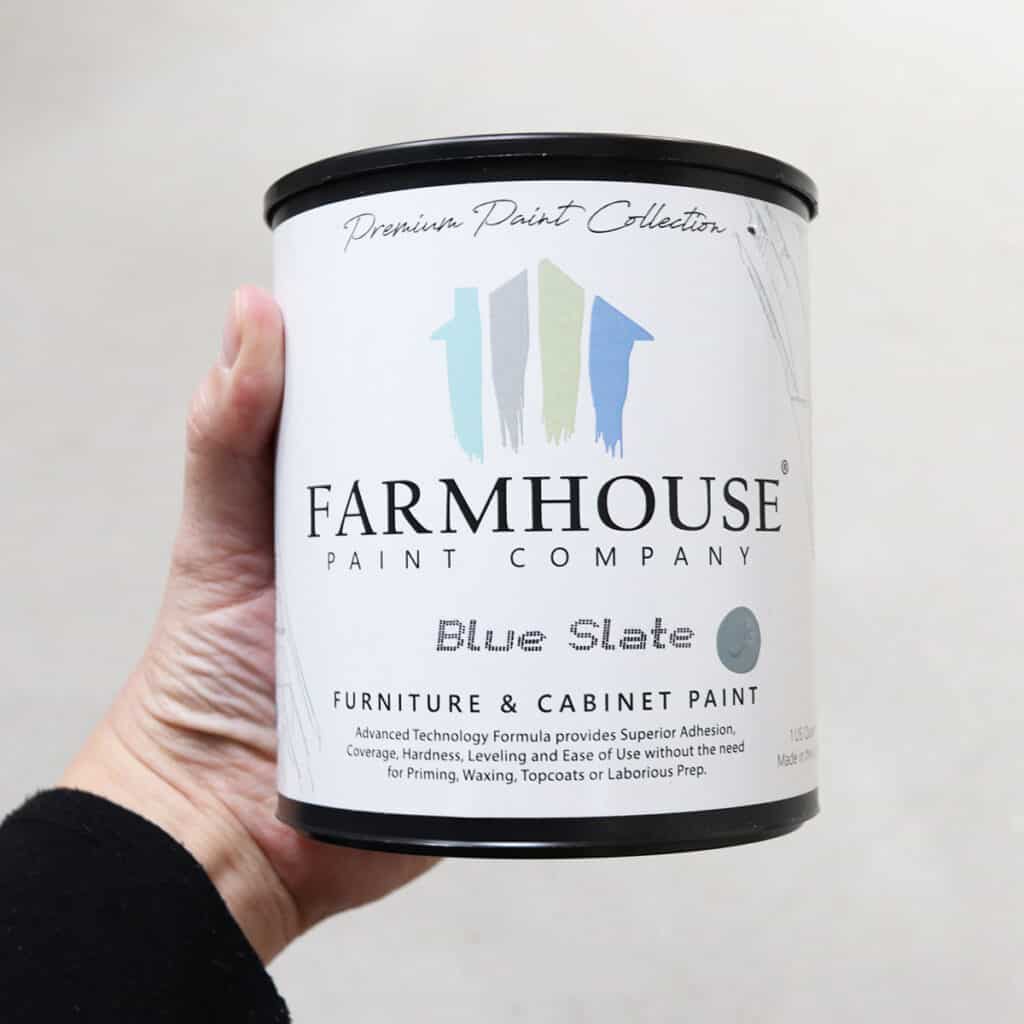 a can of farmhouse paint in the color blue slate