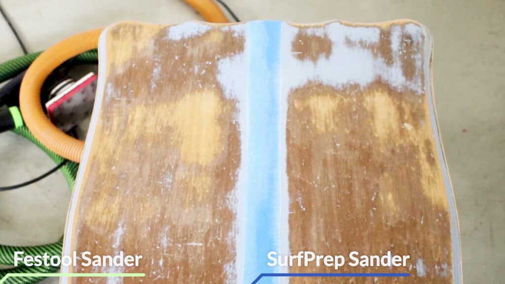 side by side result of sanded table tops with festool sander vs surfprep sander