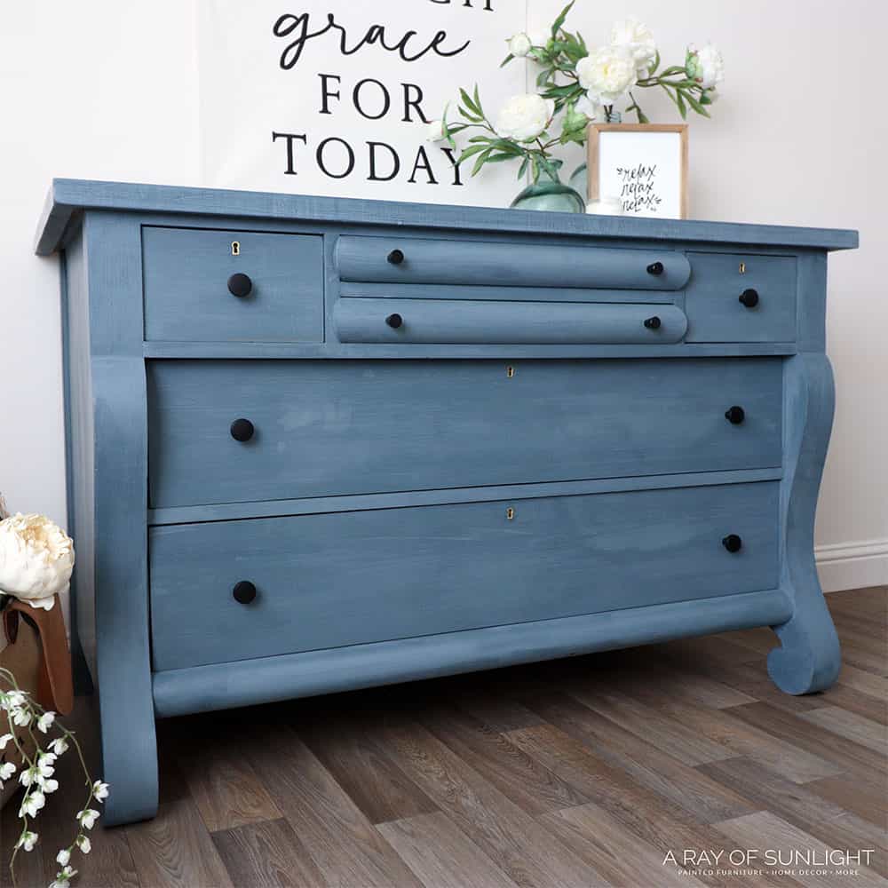 side angle of blue milk painted dresser after the makeover