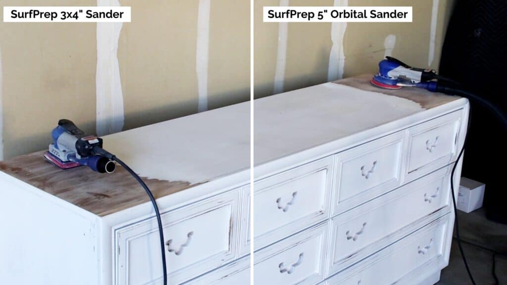 comparison of surfprep 3x4" sander and surfprep 5" orbital sander on how much paint is removed from a dresser