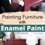 Person painting a red wooden chest with enamel paint; finished chest styled with decor and blanket.