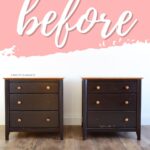 Two dark wood nightstands with drawers on a wood floor, before written in large script above them.