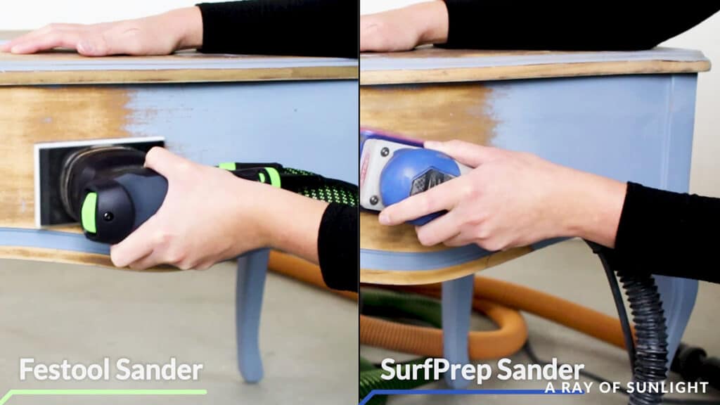 side by side result of sanding the sides of the table with festool sander vs surfprep sander