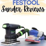 Two electric sanders, one Festool and one Surfprep, side by side with text: Surfprep vs Festool Sander Reviews.