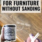 A hand holds sandpaper and a can of paint above wood dresser