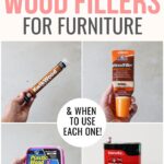 Four types of wood fillers for furniture shown with product packaging and usage recommendations.