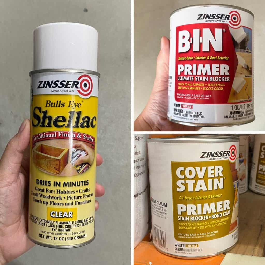 clear shellac, bin shellac based primer and cover stain primer in cans