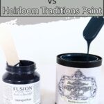 Two open paint cans—Fusion Mineral Paint and Heirloom Traditions Paint—with paint sticks and blue paint.