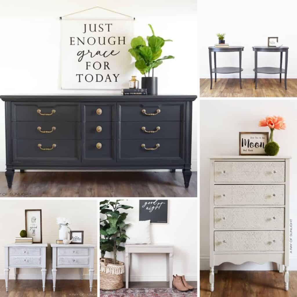 another photo collage of gray painted furniture