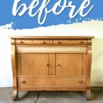 Wooden sideboard with two drawers and two doors, labeled before on a blue and white background above it.