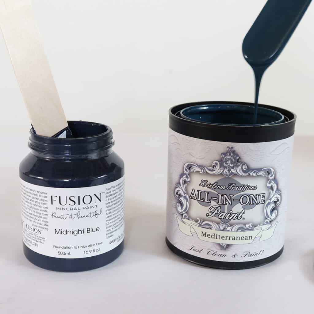 fusion mineral paint in midnight blue and heirloom traditions paint in mediterranean