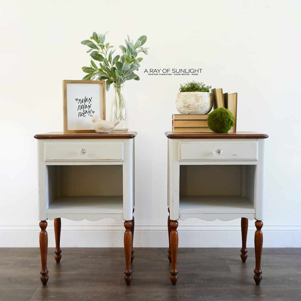 light gray painted nightstands with stained tops and legs