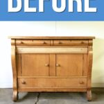 Wooden buffet with drawers and cabinet doors, labeled BEFORE on a blue background at the top.