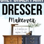 A dresser half painted dark gray, half wood, with decor on top and text about a chalk paint makeover.