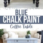 Before and after of a coffee table, repainted from dark wood to light blue, in a living room setting.