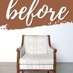 A vintage wooden armchair with striped upholstery before makeover