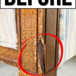 Damaged wooden furniture leg with chipped finish, highlighted by a red circle, labeled BEFORE at the top.