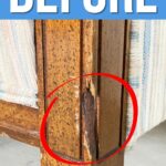 Damaged wooden chair leg with chipped area, circled in red, and the word BEFORE above.