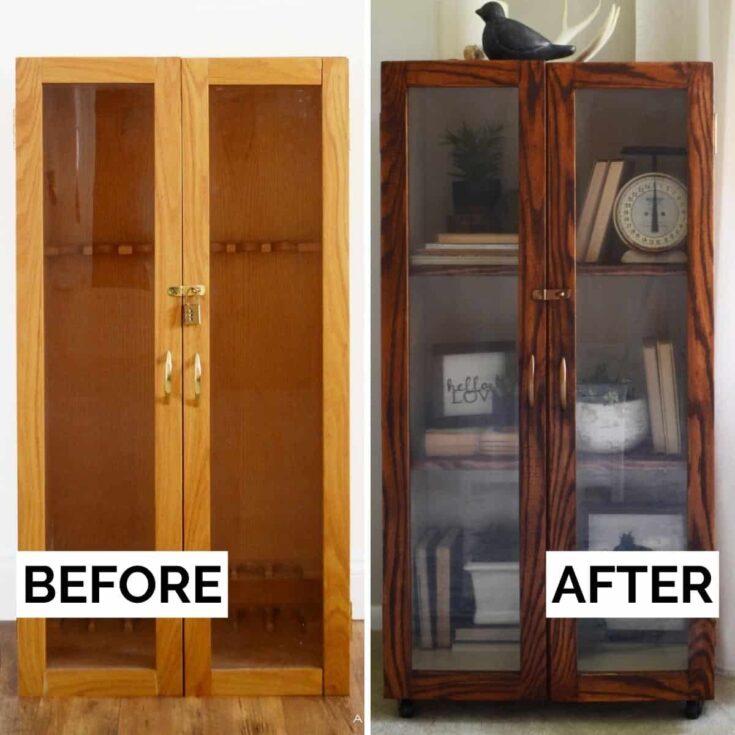 before and after oak cabinet restained wood darker