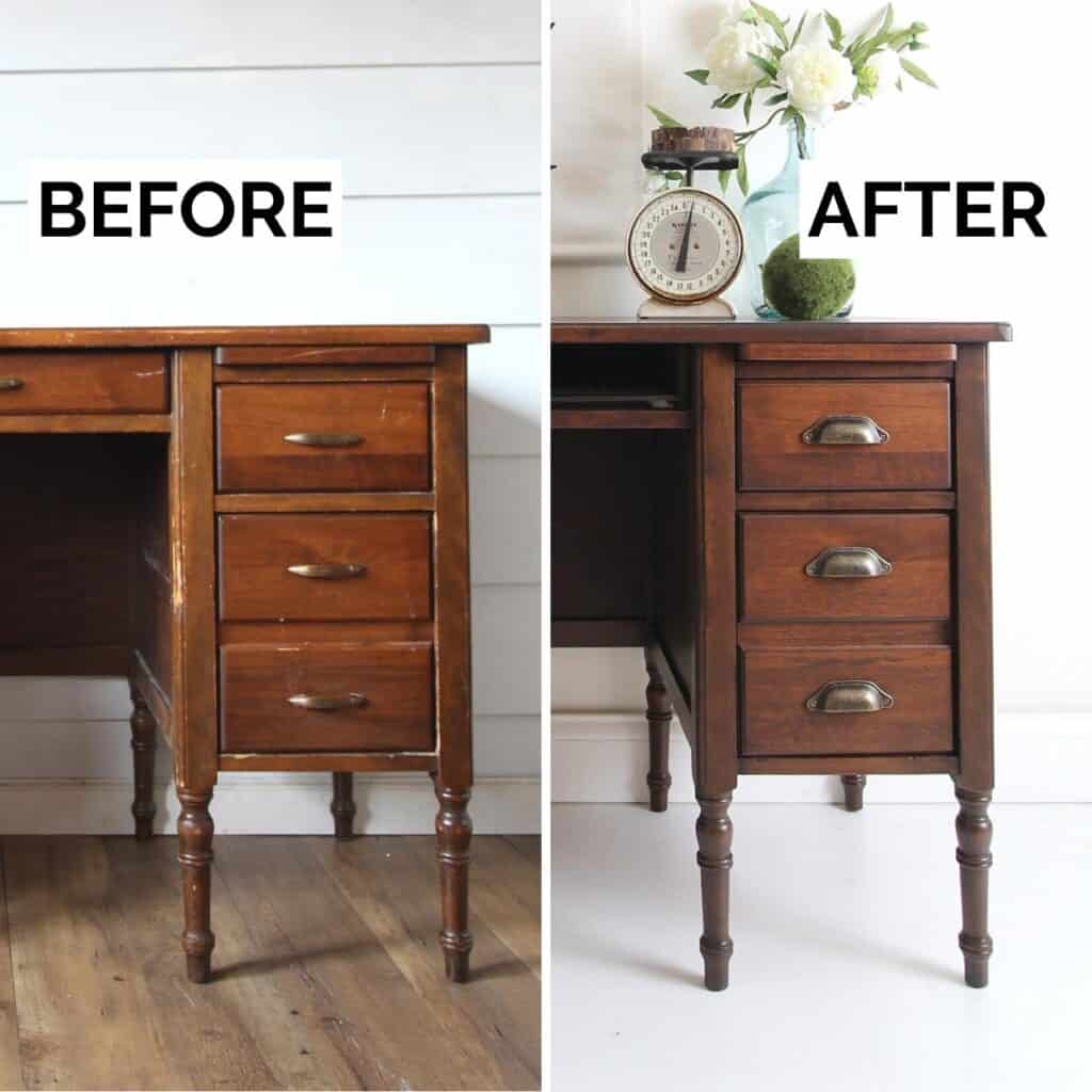 wood desk before and after staining with gel stain