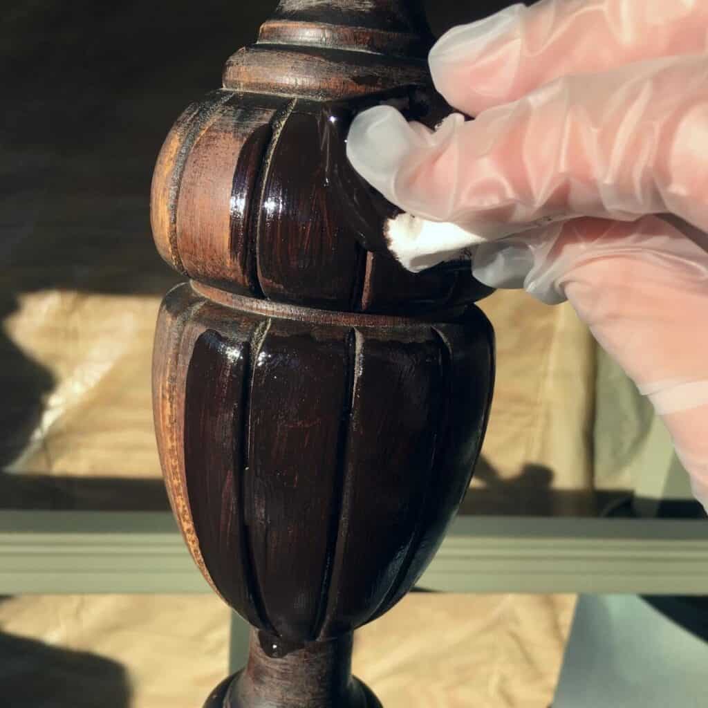 applying gel stain to wood furniture with lint free rag