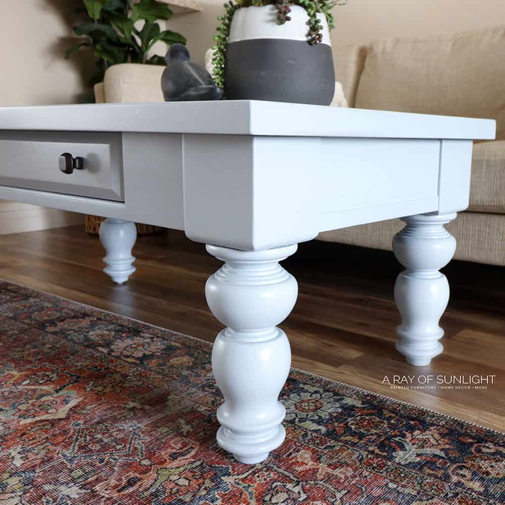a different angle of the blue chalk paint coffee table