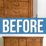 A wooden dresser with brass handles, shown from two angles, labeled BEFORE in large white letters.