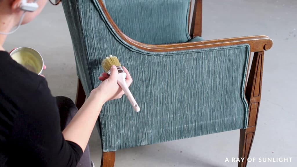 waxing the chalk painted fabric with real milk paint soft wax