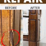 Side-by-side of wood furniture leg: damaged with chipped stain before, smooth and restored after repair.