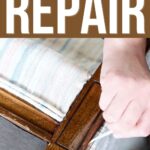 A hand repairs a wooden chair frame with text: Wood Stain Repair. Pro Tips You’ll Love.