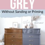 A dresser half painted grey and half unpainted, showing a before and after furniture makeover.