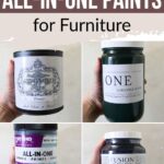 Four different all-in-one paint jars for furniture are held up against a plain background.