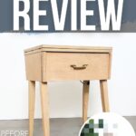 A plain wooden side table with a gold handle; Before and After images are shown in the corner.