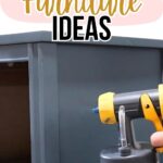 A hand holds a paint sprayer painting a dark cabinet, with text reading Chalk Paint Furniture Ideas.